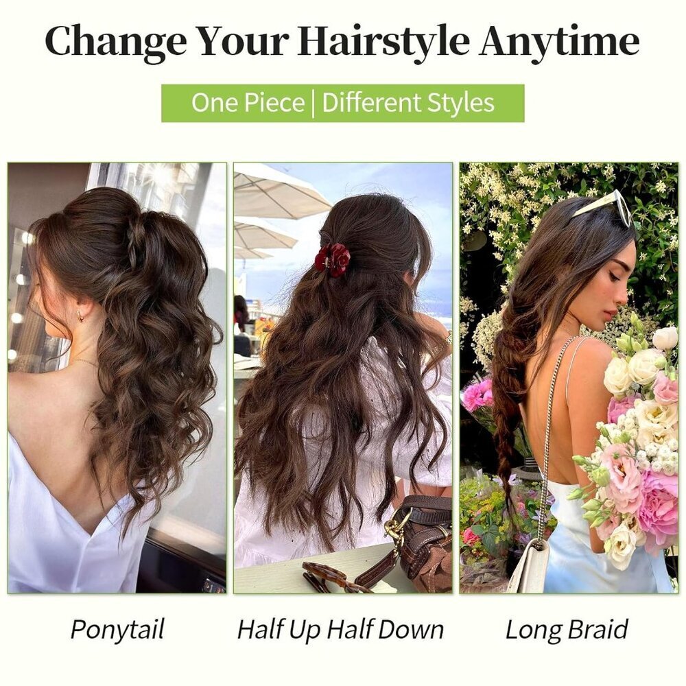 Invisible Wire Hair Extensions Black Long Wavy 20 Inch Clip-In Women - Picture 5 of 8